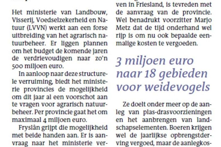 Fryslân: 4 mln extra voor boerennatuur